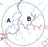 Figure  4. Picture of Modeled rivers (blue) compared to field map of rivers (red) in the Camp Leakey area