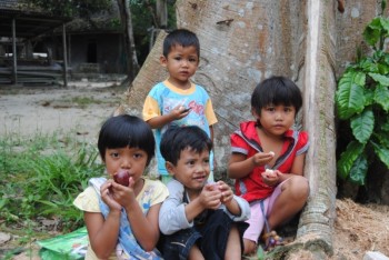 Local children of Pasir Panjang enjoying mangosteen fruits.